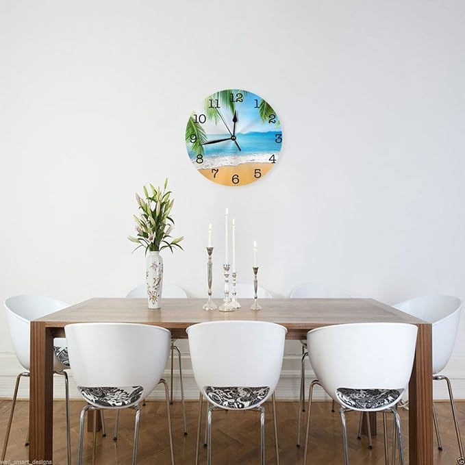 Sea Beach with Palm Trees Wall Clock Battery Operated Silent Round Clock Wall Decor for Home Office School, 9.8 Inch