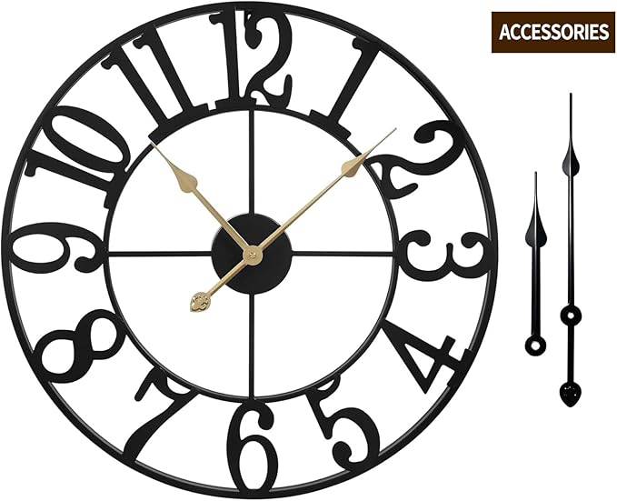 LEIKE Large Wall Clocks,Silent,Non Ticking,Battery Operated Small Vintage Round Modern Metal Wall Clock for Living Room, Bedroom,Kitchen,Farmhouse,Office Decor-13.5 Inch(Black-Arabic Number)