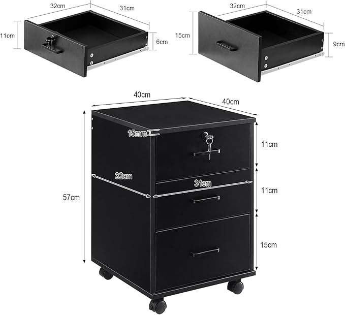 3 Drawer Mobile File Cabinet with Lock, Wooden Under Desk Filing Cabinet with Wheels, Small Rolling Storage Cabinet for Home Office Organizer A4/Letter Size/Legal, Black