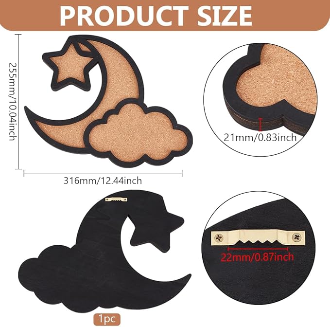 BENECREAT Cloud Moon Pin Board Cork Board, 12.4x10inch Star Bulletin Display Board Wall Mounted Board with Black Frame for Brooch Pin Storage Display, Office Home School Decor