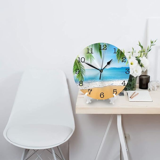 Sea Beach with Palm Trees Wall Clock Battery Operated Silent Round Clock Wall Decor for Home Office School, 9.8 Inch