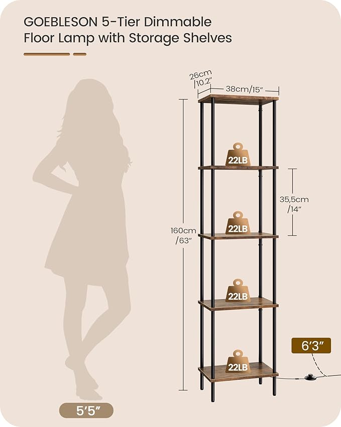 Display Shelf with Light, 5-Tier Modern Shelf Lamp, Corner Floor Lamp with Shelves, Dimmable LED Floor Lamp for Living Room with Remote, 3CCT, Timer, Wooden Corner Shelf Lamp, F52LD05