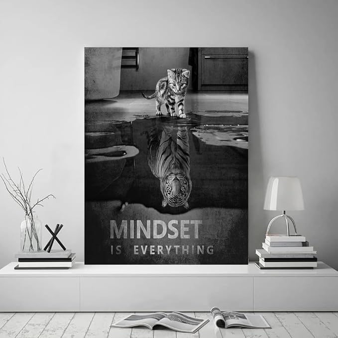 Motivational Wall Art Picture Modern Cat and Tiger Wall Decor Artwork Inspirational Quotes Canvas Painting and Wooden Framed Ready to Hang for Classroom Home Gym Office Decor - 18''W x 24''H