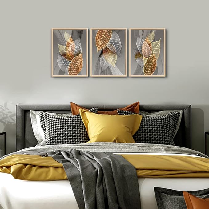 Natural Wood Framed Wall Art For Living Room Large Wall Decorations For Kitchen Bedroom Wall Decor Abstract Leaves Painting Inspirational Pictures Artwork Bathroom Home Decor of 3 Piece Art Prints