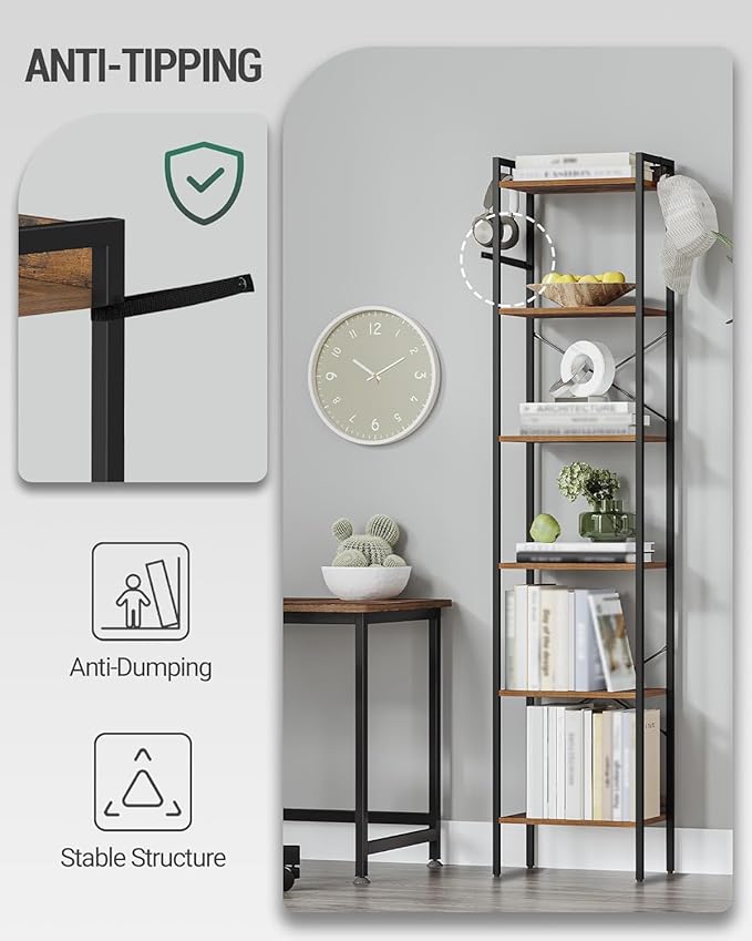 Bookshelf, Book Shelf, Industrial Bookcase with 2 Hooks, Coner Shelf Storage Organizer for Home Office, Living Room, Bedroom, Kitchen, 6-Tier Rustic Brown BC10701B