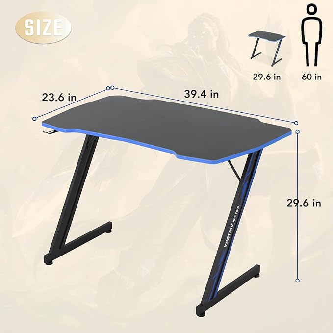 BestOffice Gmaing Desk Z Shaped 39.4in Computer Gaming Workstation Ergonomic Gaming Table with Headphone Hook for Game Players, Blue