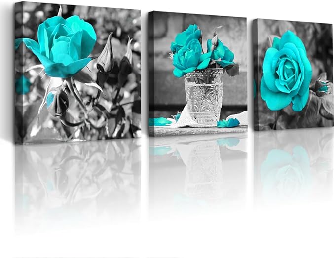 DZRWUBHS Large Wall Art For Living Room 3 Piece Wall Decor For Bedroom Black And White Paintings Flowers Pictures Blue Rose Boho Office Wall Art Prints Ready To Hang Room For Girls Home Decoration