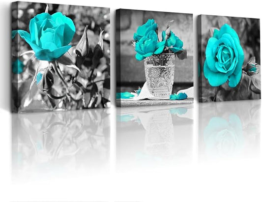 DZRWUBHS Large Canvas Wall Art For Bedroom 3 Piece Wall Decor For Living Room Black And White Paintings Flowers Pictures Blue Rose Canvas Prints Ready To Hang Room For Girls Home Decoration 16x16in