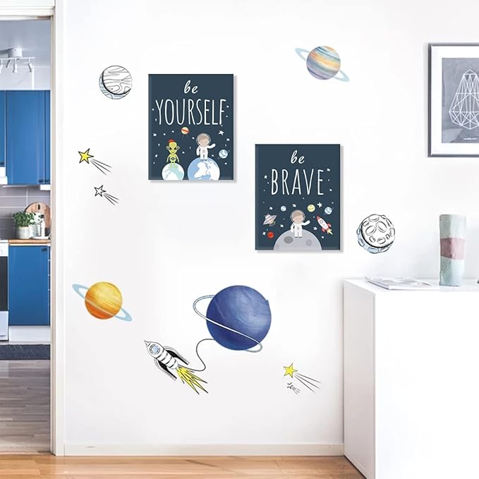 CHDITB Frame Outer Space Art Print, Boys Planet Theme Canvas Posters, Set Of 4 (12' x 16') Space Canvas Wall Art For Kids Room Decor, Ready to Hang