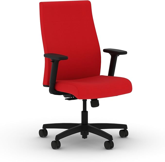HON Ignition 2.0 Fabric Office Chair, Upholstered, Adjustable Arms, Standard Synchro-Tilt Recline Executive Ergonomic Office Chair, Black Frame, Ruby
