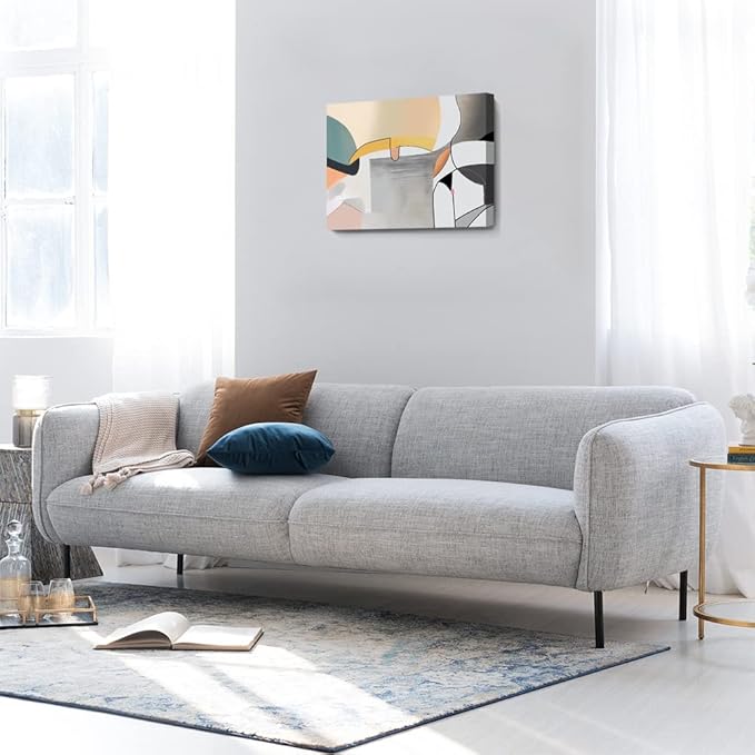 Wall Art Canvas Abstract Color Block Line Art Prints Apricot Cyan Black Grey Color Blocks and Lines Painting Modern Artwork Decor for Living Room Bedroom Kitchen 24x16in
