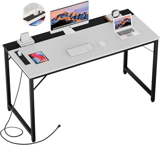 55 Inch Computer Desks with Power Outlets and USB Charging Ports, Modern Office Desk for Small Spaces, Sturdy Laptop PC Gaming Writing Table for Students, White and Black