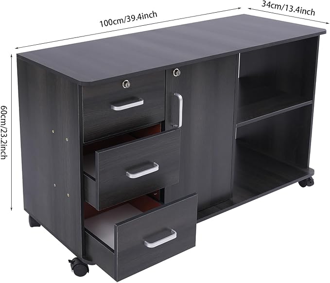 3 Drawer File Cabinet on Wheels, Rolling Printer Stand with Open Storage Shelf, Mobile Lateral Office Storage for Home School Office (Black)
