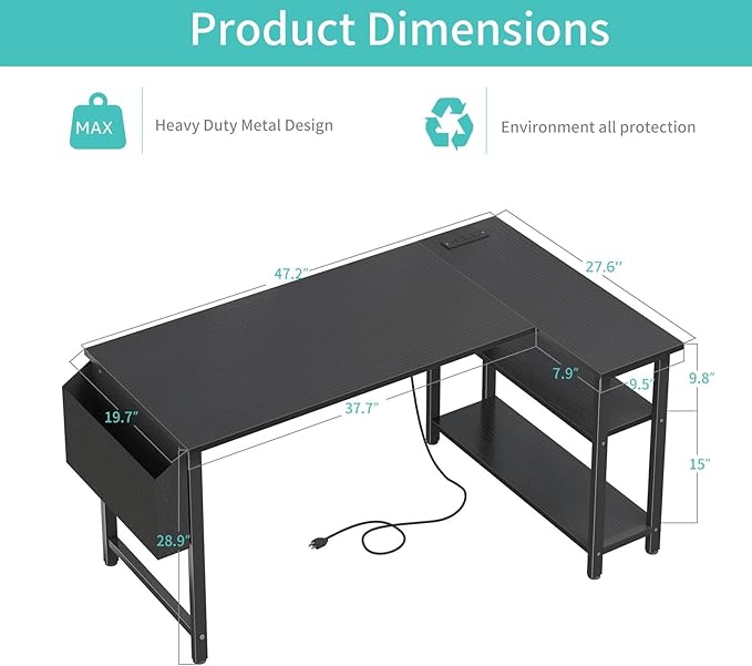 Lufeiya L Shaped Computer Desk with Power Outlet Shelves, 47 Inch Corner Desk for Home Office Bedroom, L-Shaped Study Writing Working PC Desks, Black