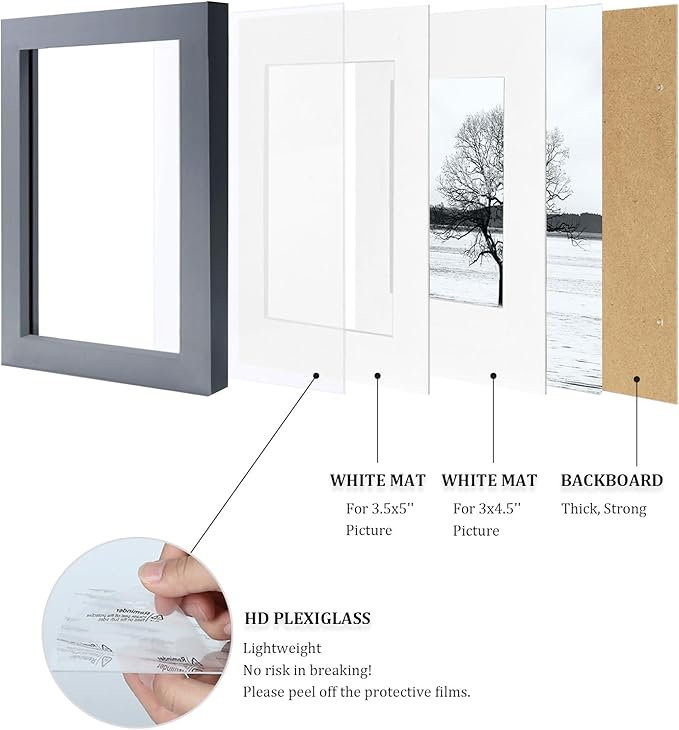 Egofine 4x6 Picture Frames Set of 4, Made of Solid Wood Covered by Plexiglass 3x4.5 and 3.5x5 with Mat or 4x6 without Mat, for Table Top Display and Wall Mounting Photo Frame, Dark Grey