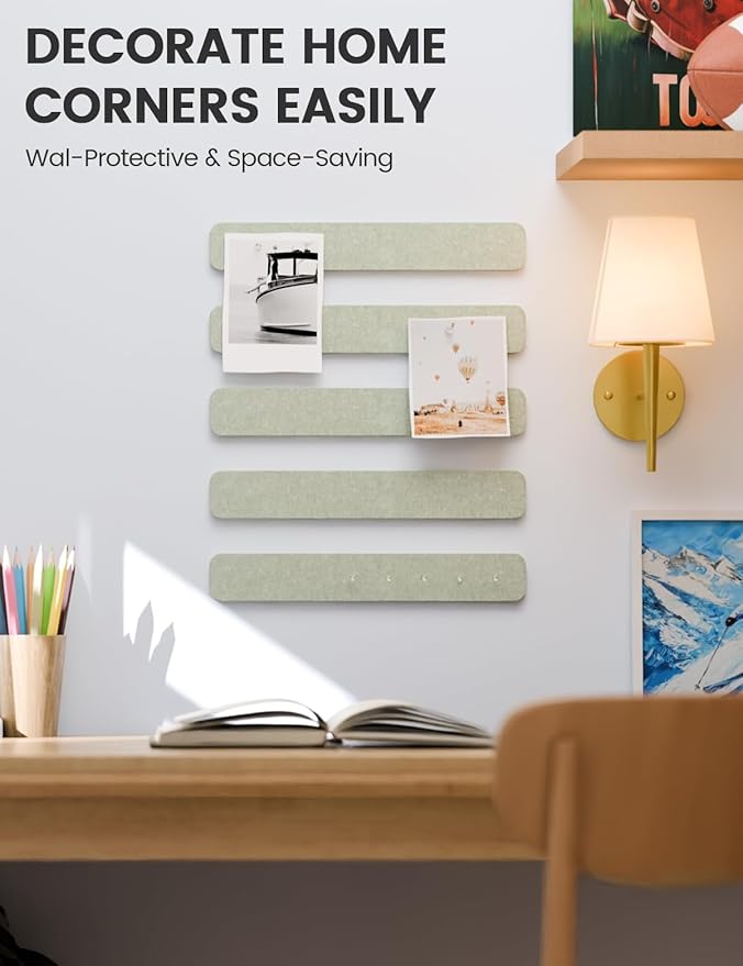 Fluxynara Cork Board Alternative Felt Strip Board 5-Pack 13"x2", Office Pin Board with 35 Push Pins, Adhesive Install for Bedroom Door & Home Office(Sage)