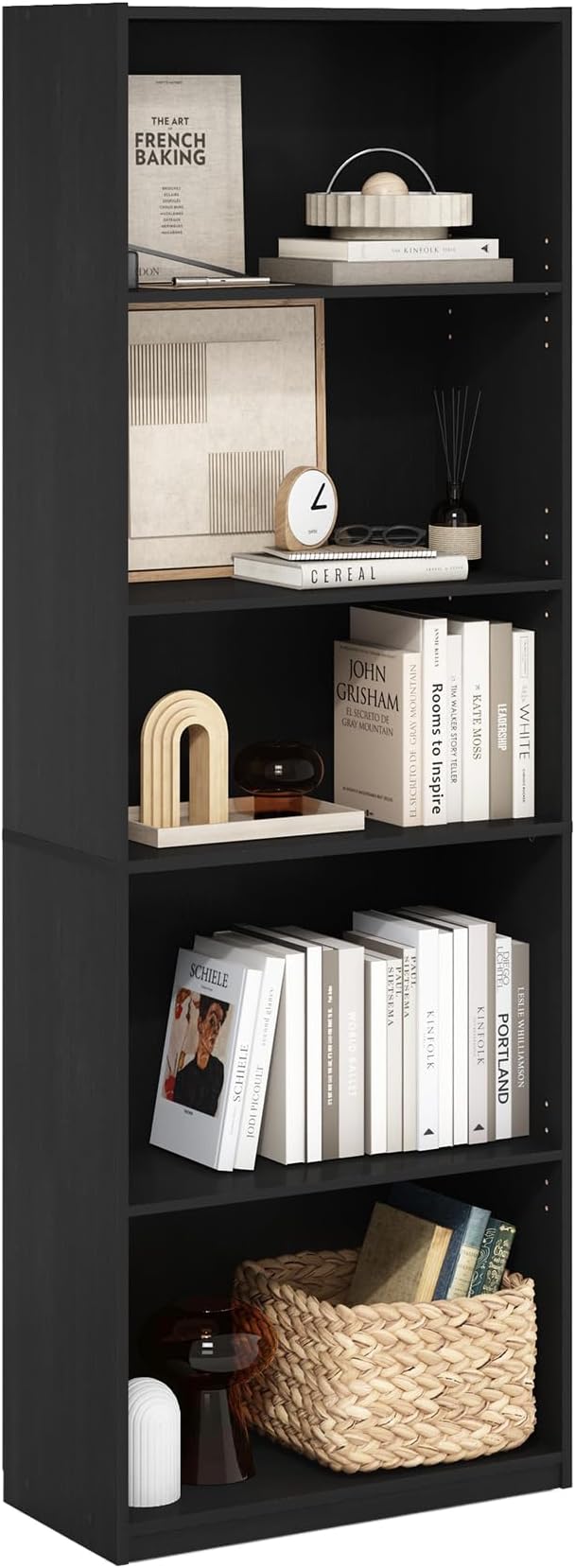 Furinno GEHRY Book Shelf, 5-Tier Bookshelf with Open Shelf, Standing Bookcase with Adjustable Shelves, 11.6 x 24.8 x 71.4, for Living Room, Bedroom, Home Office, Blackwood