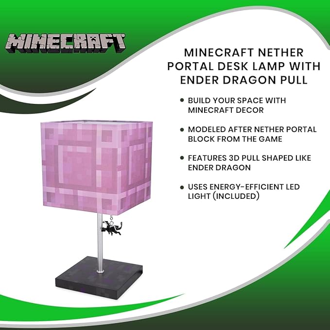 Minecraft Nether Portal Desk Lamp with Ender Dragon Pull | Nightstand Table Lamp with LED Mood Light for Bedroom, Desk, Living Room, Playroom | Home Decor Kids Room Essentials | Video Game Gifts