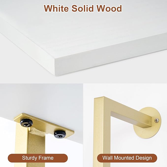 5-Tier Bookshelf - Solid Wood Narrow Bookcase Set of 2, Wall Mount Ladder Shelf, Storage Rack for Living Room, Bedroom, Bathroom, White and Gold