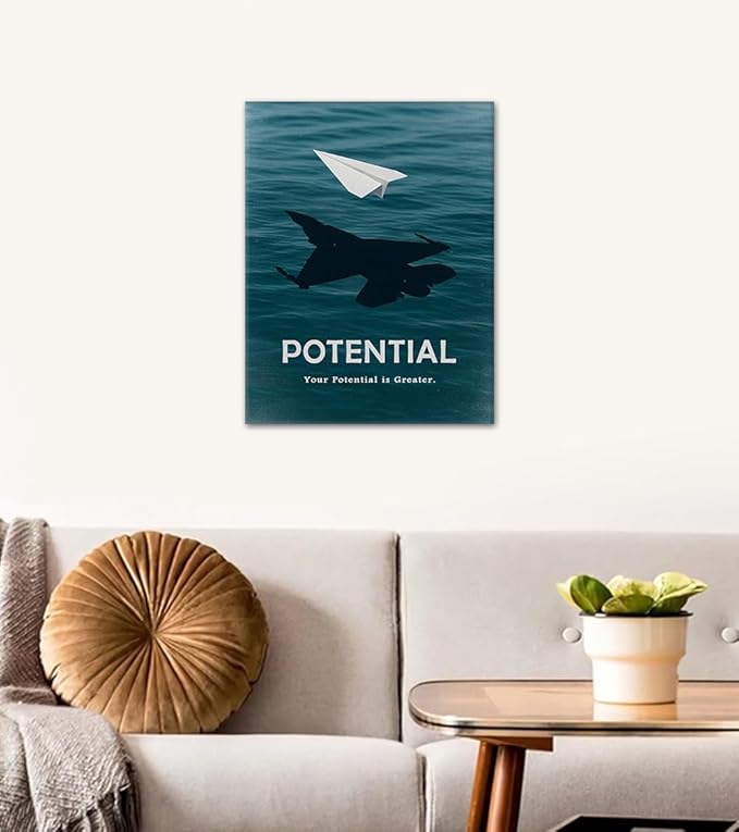 Motivational Quote Wall Art - Your Potential is Greater Inspirational Canvas Artwork Featuring White Paper Airplane in Deep Blue Ocean for Home or Office Wall Decoration Framed 18"x24"