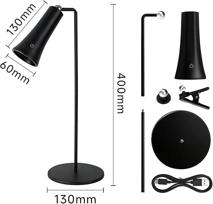 Rechargeable LED Desk Lamp, 4-in-1 Cordless Table Lamp, Magnetic Wall Mount LED Light, with Stepless Brightness, 3 Color Dimmable, 360° Rotation, For Reading, Office, Bedroom,Working, Hallway (Black)