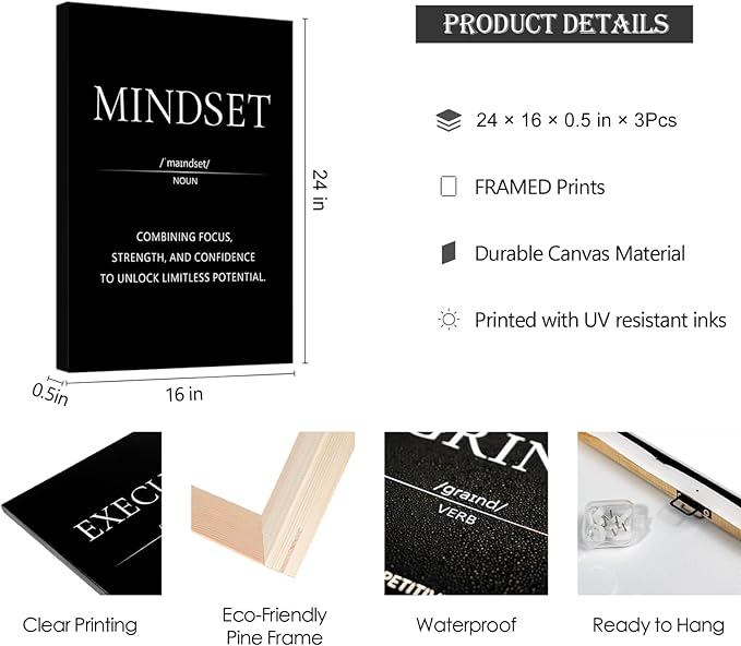 LMGOV Large Motivational Wall Art Office Decor,16" x24" Inspirationat Framed Canvas Paintings for Bedroom, Black and White Wall Picture for Men for Living Room, Bathtoom, Dorm, Gym (3 piece)