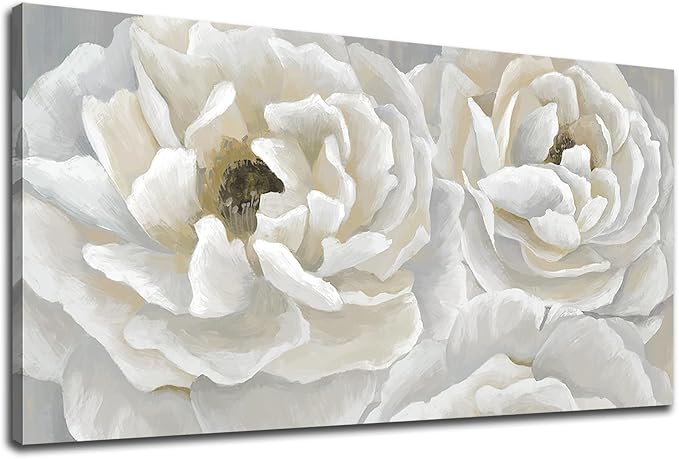 arteWOODS Cream White Flowers Wall Art - Soft Peony Pictures for Wall Decor Elegant Blossom Flower Painting Artwork Botanical Prints for Living Room Home Office Wall Decoration 20" x 40"
