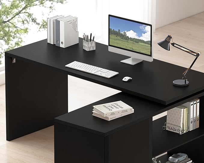 HSH Black L Shaped Computer Desk, Corner Desk with Storage Cabinet Shelves, Reversible Industrial Wood Executive Workstation, L-Shaped Home Office Table for Work Study Writing Gaming, 55 Inch