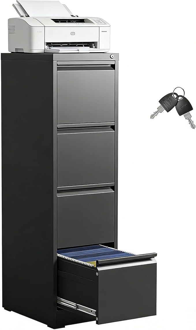 Metal File Cabinet 4 Drawers, Vertical Filing Cabinet for Home Office, File Cabinets with Lock for Legal Letter Size Hanging File Folders Storage Cabinet, (Black)