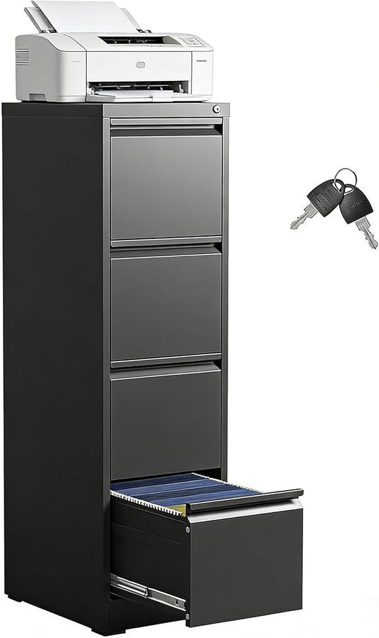 Metal File Cabinet 4 Drawers, Vertical Filing Cabinet for Home Office, File Cabinets with Lock for Legal Letter Size Hanging File Folders Storage Cabinet, (Black)