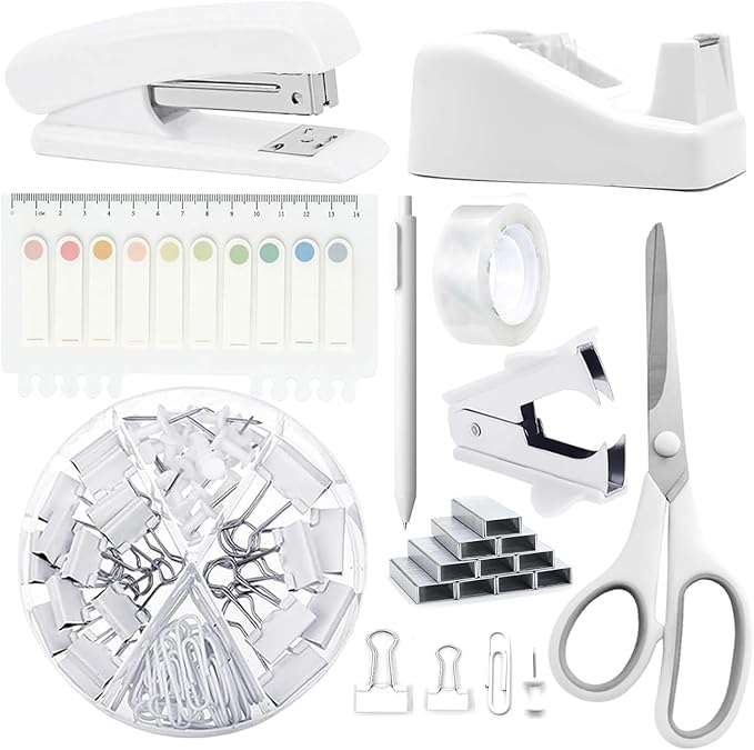 Office Supplies,Desk Accessories,Tape Holder,Stapler,Scissor,Staple Remover,Box of Binder Clips,Staples,Ballpoint Pen,Lndex Tabs,Clear Tape,Office Supplies Set(White)