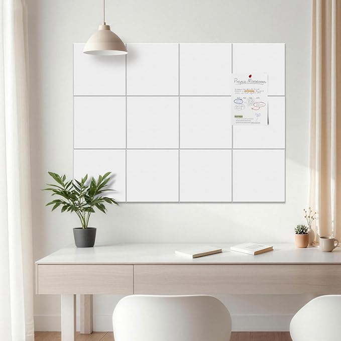 MISSDAY White Acoustic Wall Panel Felt Bulletin Board 48" x 36" Cork Board for Wall, 12-Pack Boards with 72 Removable Adhesive Tabs, 50 Pins, Pin Board for Home Office Classroom Soundproof Wall Tile