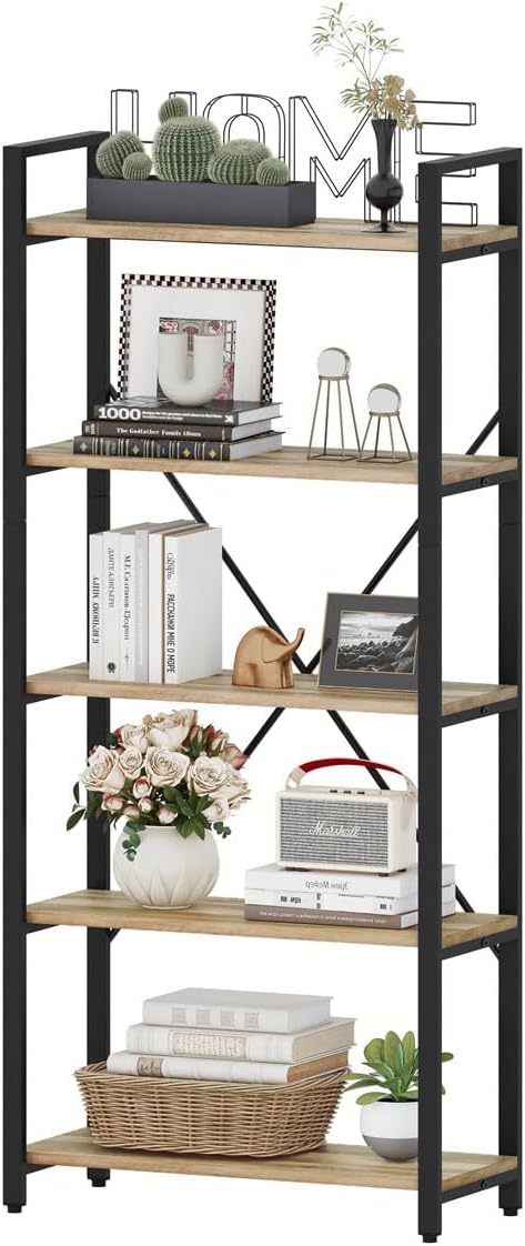 FATORRI 5 Tier Bookshelf, Industrial Wood and Metal Book Shelves for Display, Tall Etagere Bookcase and Rustic Shelving Unit (Rustic Oak)