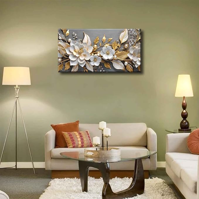 Large Living Floral Canvas Wall Art Gold White Plant Abstract Decor painting Pictures Modern Nordic Botanical Flowers Posters Prints for Bathroom Bedroom Office Hallway Home Decoration