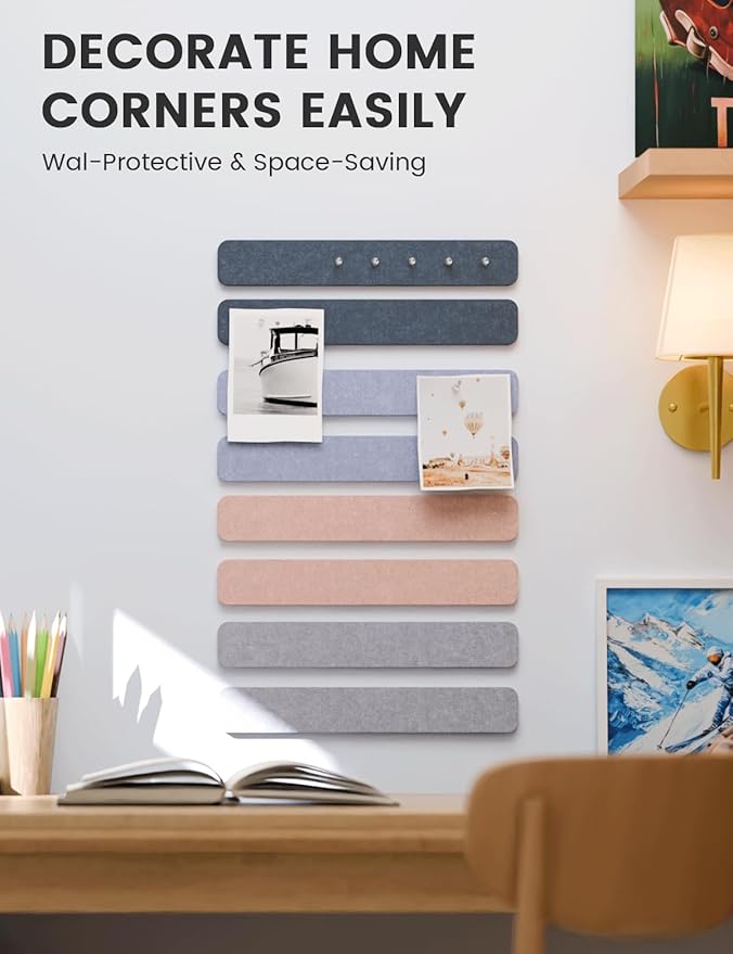 Cork Board Alternative Felt Strip Board 8-Pack 13"x2", Office Pin Board with 50 Push Pins, Adhesive Install for Bedroom Door & Home Office(Heather Grey)