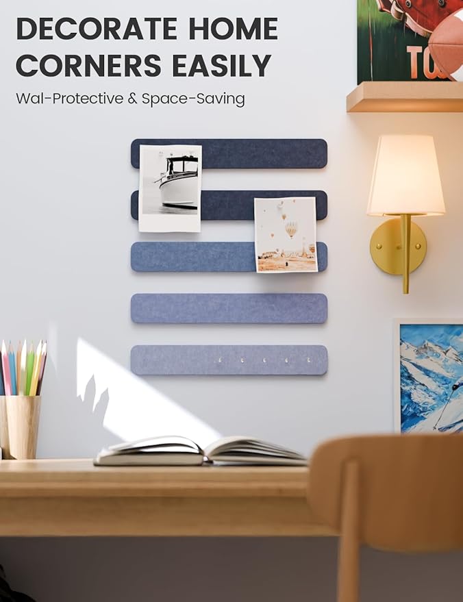 Fluxynara Cork Board Alternative Felt Strip Board 5-Pack 13"x2", Office Pin Board with 35 Push Pins, Adhesive Install for Bedroom Door & Home Office(Denim Mist)