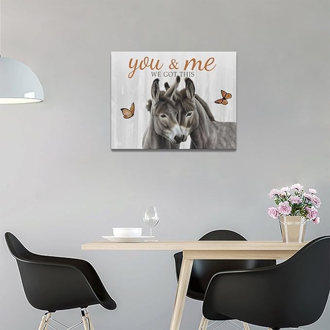 yerretin Farmhouse Donkey Wall Art Country Love Pictures Wall Decor Rustic Animal Canvas Painting Home Decoration Artwork for Bathroom Bedroom Living Room Office Framed 16"x12"