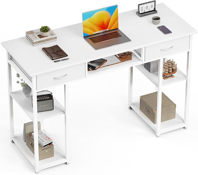 Sweetcrispy Desk with 3 Fabric Drawers, Computer Office 48 Inch Gaming Writing Study 4 Storage Shelves Table for Home Office Bedroom PC Desk, White