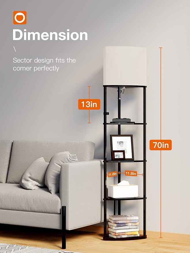 addlon 5-Tier Corner Shelf Floor Lamp with Type C, USB Port & 1 Power Outlet and 3CCT LED Bulb, Modern Display Lamp for Narrow Corner Bookshelf lamp for Living Room, Bedroom, Office - Black