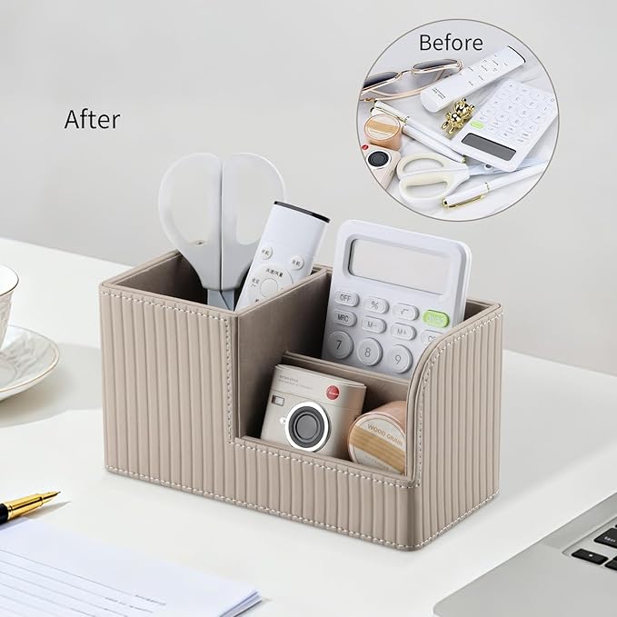KINGFOM Desk Pen Organizer Office Supplies Caddy Pu Leather Multi-function Storage Box Pen/Pencil,Cell phone, Business Name Cards Remote Control Holder (Mocha Beige)