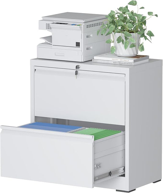File Cabinet with Lock, 2 Drawer Filing Cabinets for Home Office, Metal Heavy Duty Lateral File Cabinet for Hanging Letter/Legal/F4/A4 Size Files, Assembly Required (White)