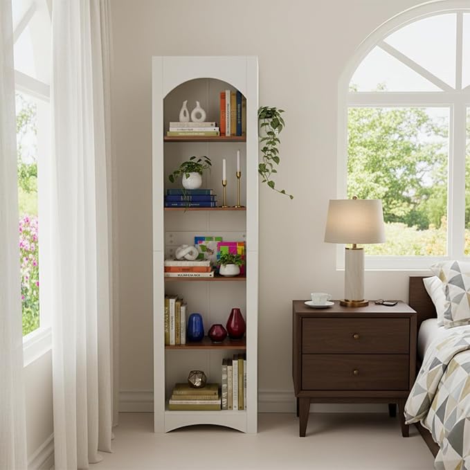 71.6" Tall Farmhouse Bookshelf, 5-Tier Narrow Bookcase & Storage Cabinet, Freestanding Kitchen Pantry Organizer with Adjustable Shelves for Living Room, Home Office, White