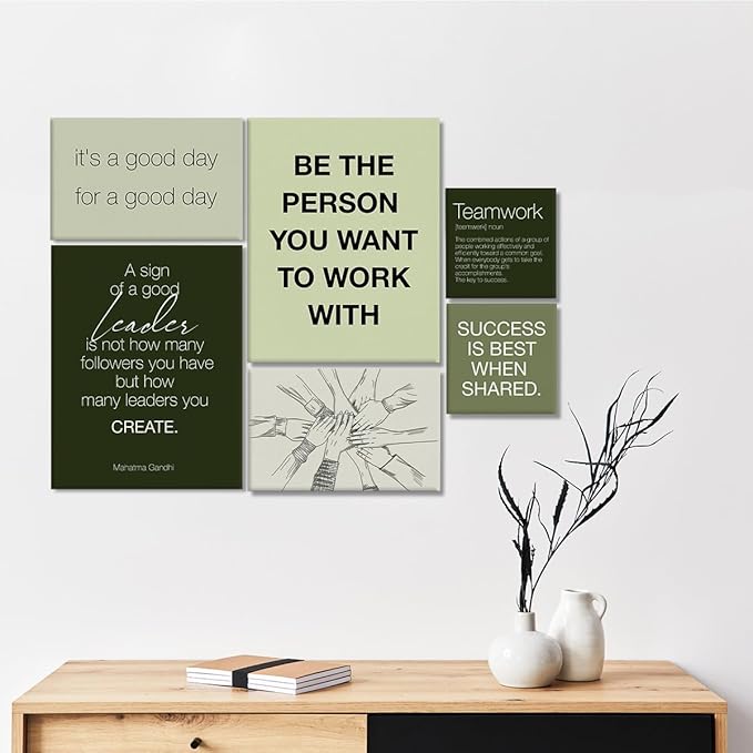 YEOION Sage Green Motivational Teamwork Office Wall Decor,Inspirational Team Work Wall Art Canvas Frame Artwork for Office Workplace Breakroom Wall Decor Set of 6