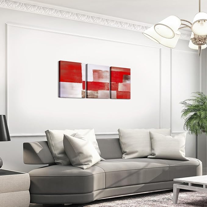 jejeloiu Modern Art 3 Piece Canvas Wall Art for Living Room Bedroom Abstract Art Picture Wall Decor 12"x16"x3pcs Red Abstract Oil Painting Office Decorations Artwork Posters