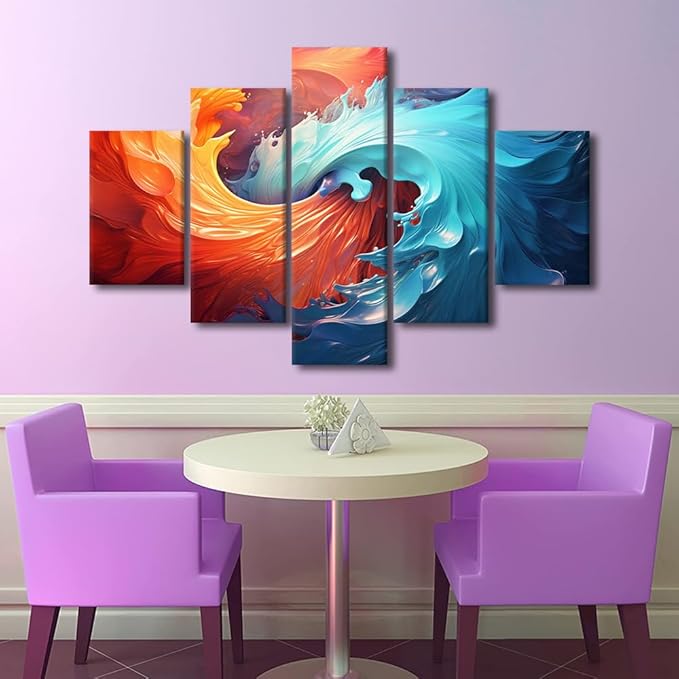 Canvas Wall Art Modern Colorful Swirling Vortex Poster Prints on Canvas 5 Panel Water and Fire Printing Art for Men Lady Living Room Office Wall Decor Stretched and Framed Ready to Hang 60x40 in