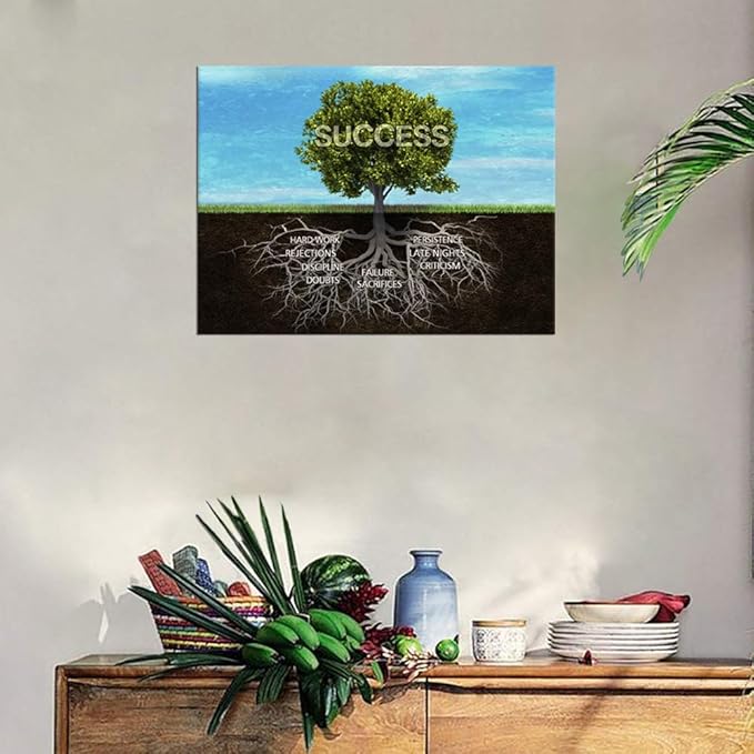 Modern Inspirational Wall Canvas Quotes Office Wall Decor Success Tree Roots Painting Prints on Motivational Posters Entrepreneur Artwork Framed Ready to Hang for Office Decor - 18''Hx24''W