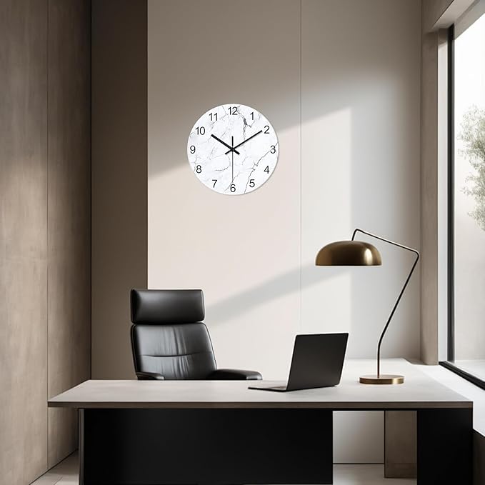 Modern White Marble Glass Wall Clocks Battery Operated 14 Inch Abstract Decorative Wall Clocks Round Minimalist Silent Wall Clock for Living Room