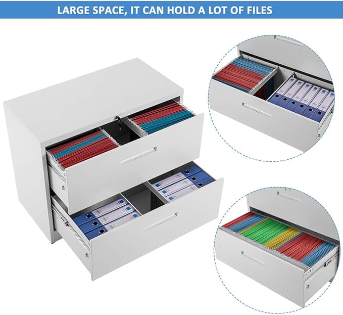 Lateral File Cabinet, 2 Drawer Metal Lockable Filing Cabinet for Commercial Grade Office Legal and Letter File (White)