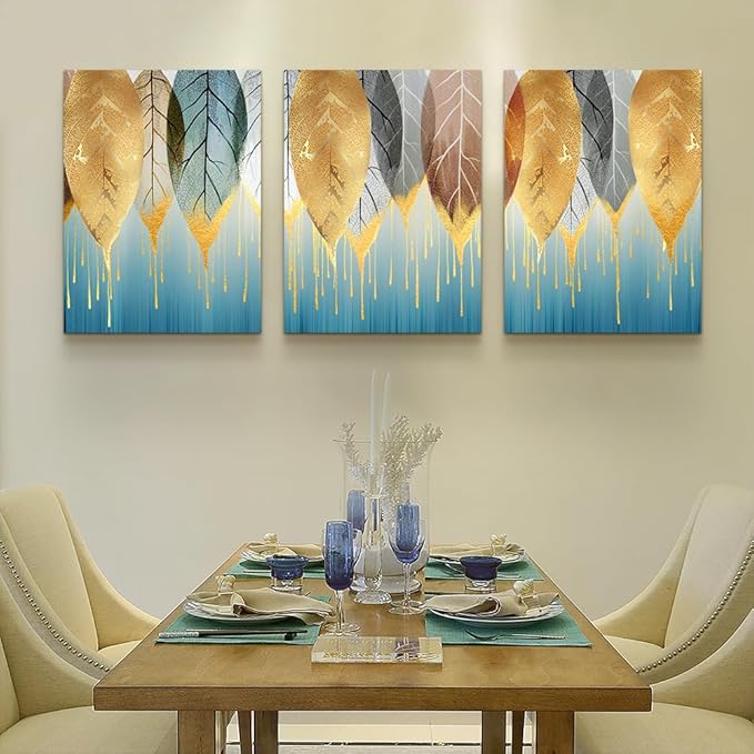 DZRWUBHS Fashion Golden Leaves Abstract Paintings Wall Art for Living Room Family Wall Decor for Bedroom Wall Decorations for Kitchen Canvas Art Hang Pictures Artwork Large Home Decoration 3 Pieces