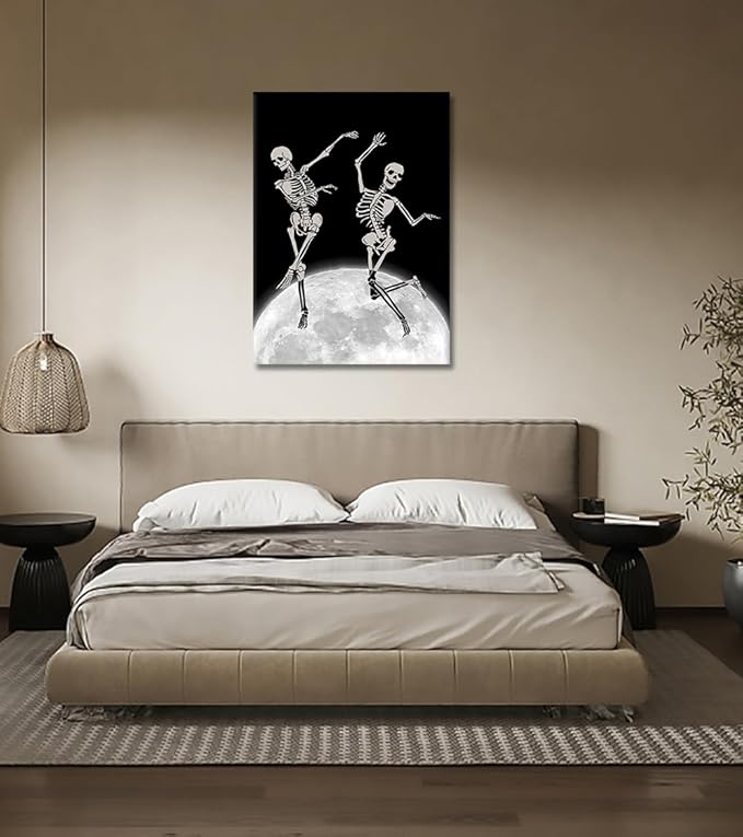 Skeleton Moon Dance Canvas Wall Art, Dark Gothic Home Decoration Funny Skull Dancing on Moon Print, Black & White Wall Decor for Living Room, Bedroom, Bathroom,Office, Framed 24x36 inch